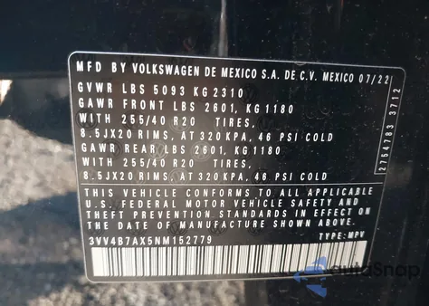 2022 Volkswagen Tiguan 2.0T Sel R-Line z USA, uszkodzony, nr VIN 3VV4B7AX5NM152779